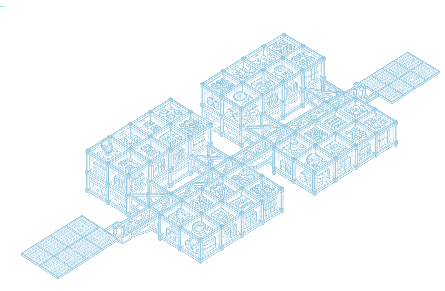 Isometric wireframe of an orbital warehouse with modular storage racks on a central truss.